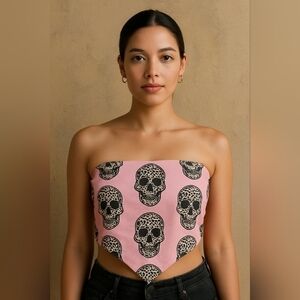 Pink Leopard Skull Print Strapless Bandana Top Size: 14/16